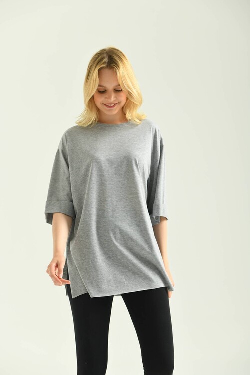 Gray Double Sleeve Wide Cut Asymmetrical Slit Knitted T-Shirt