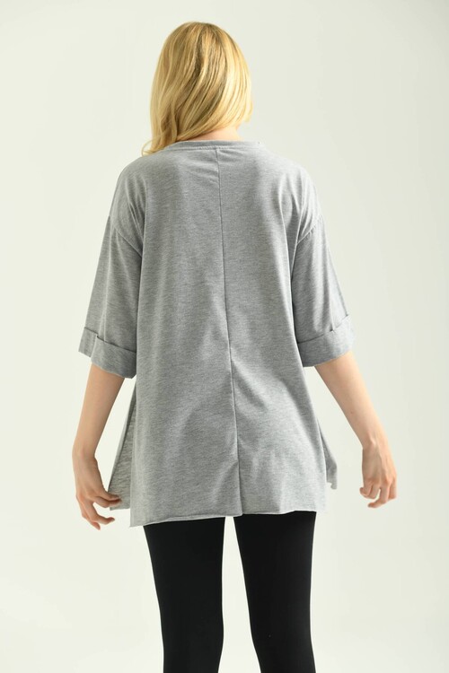 Gray Double Sleeve Wide Cut Asymmetrical Slit Knitted T-Shirt