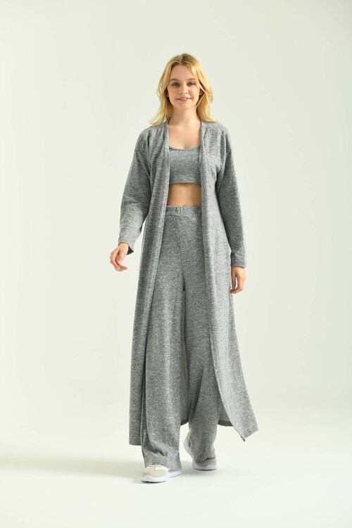 Gray Sweatpants & Cardigan & Bustier 3 Piece Set