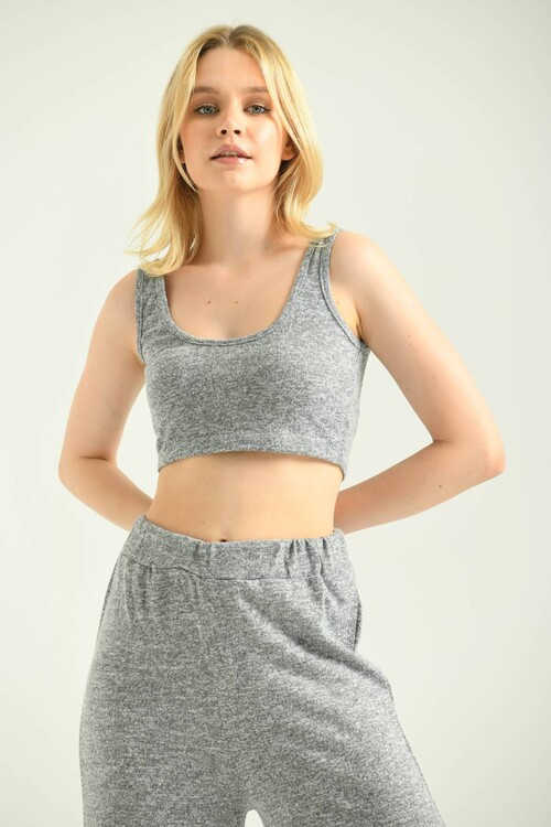 Gray Sweatpants & Cardigan & Bustier 3 Piece Set