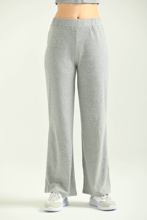 Gray Ribbed Flare Knitted Trousers