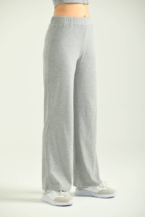 Gray Ribbed Flare Knitted Trousers