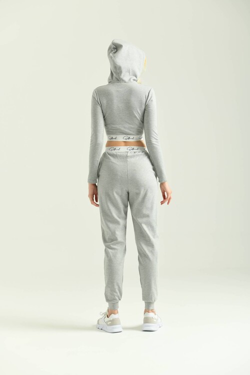 Gray Chest Detailed Hoodie Tracksuit Set