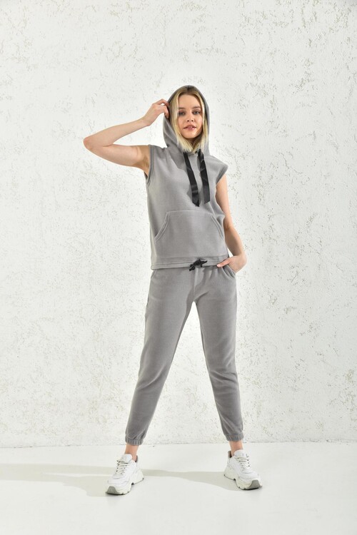 Gray Hooded Kangaroo Pocket Detailed Sleeveless Vest Set