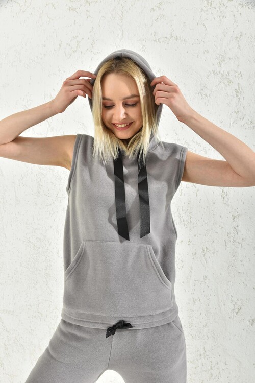Gray Hooded Kangaroo Pocket Detailed Sleeveless Vest Set