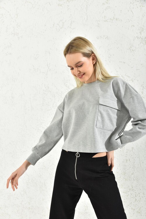 Gray Square Pocket Detailed Blouse