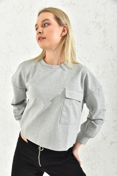 Gray Square Pocket Detailed Blouse