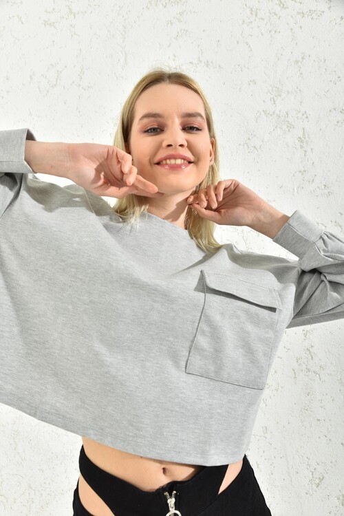 Gray Square Pocket Detailed Blouse