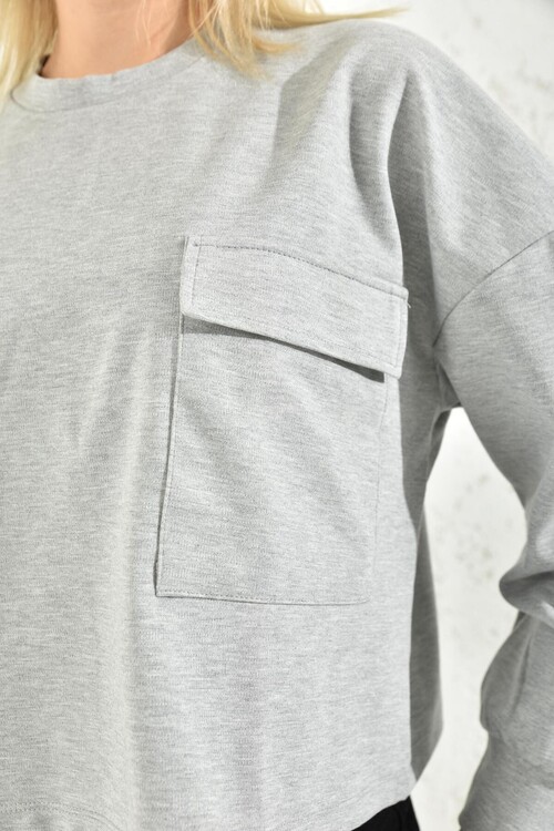 Gray Square Pocket Detailed Blouse