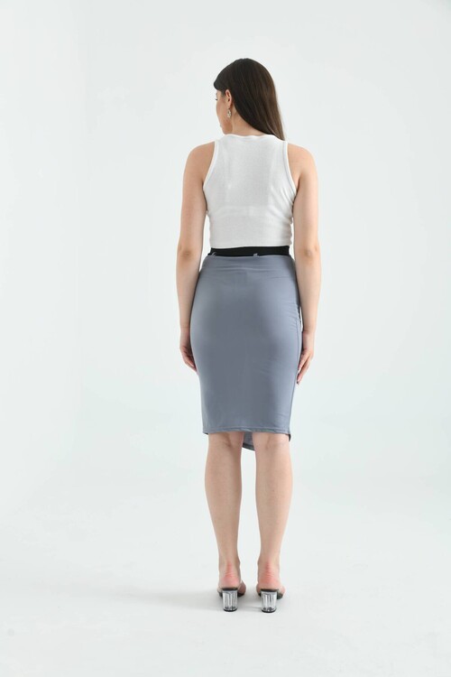 Gray Elastic and Tie Detailed Midi Bodycon Knitted Skirt