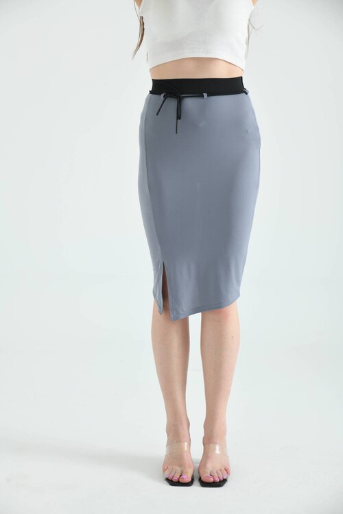 Gray Elastic and Tie Detailed Midi Bodycon Knitted Skirt