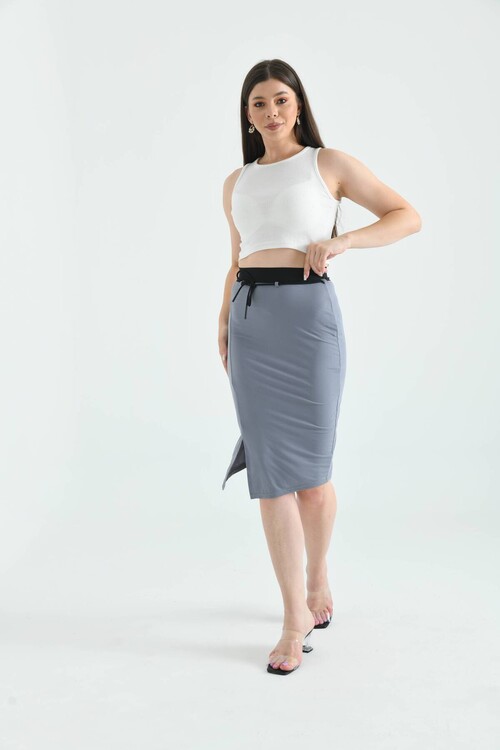 Gray Elastic and Tie Detailed Midi Bodycon Knitted Skirt