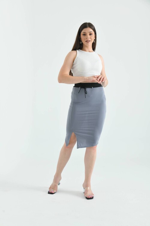 Gray Elastic and Tie Detailed Midi Bodycon Knitted Skirt