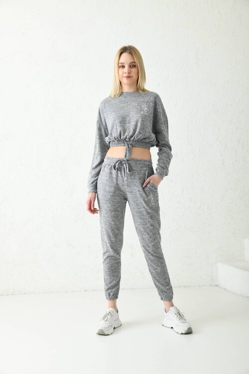 Gray Embroidery Detailed Tied Elastic Pocket Bottom-Top Set