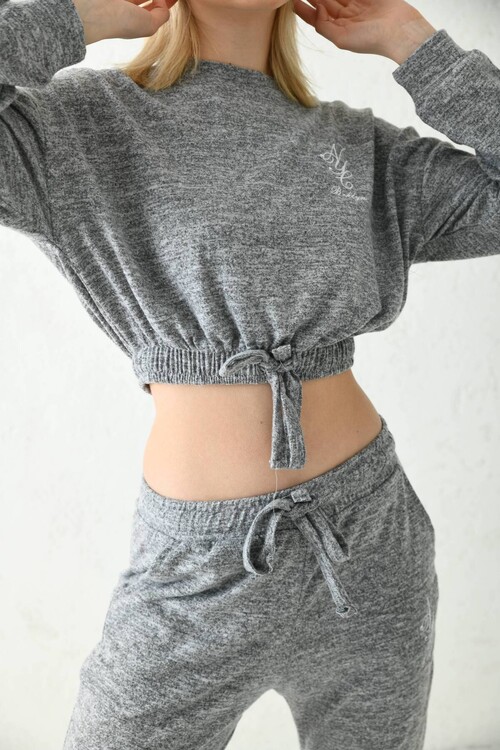 Gray Embroidery Detailed Tied Elastic Pocket Bottom-Top Set