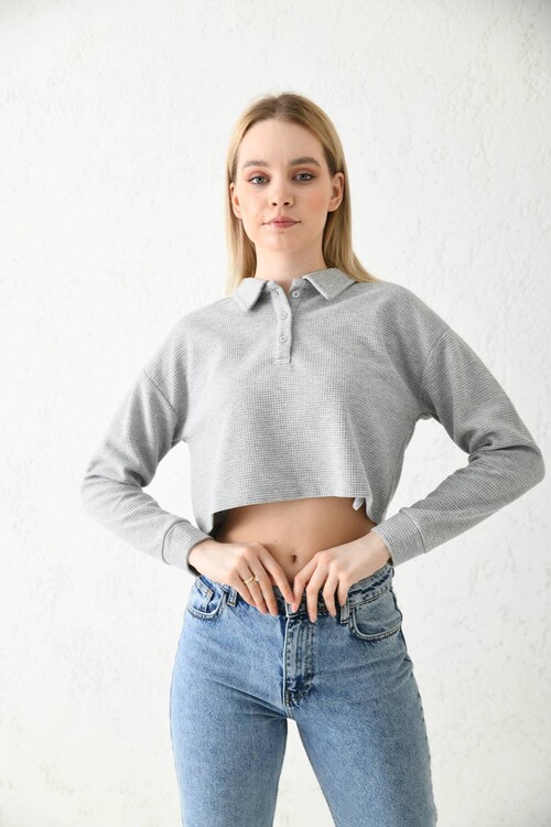Gray Polo Neck Crop Blouse