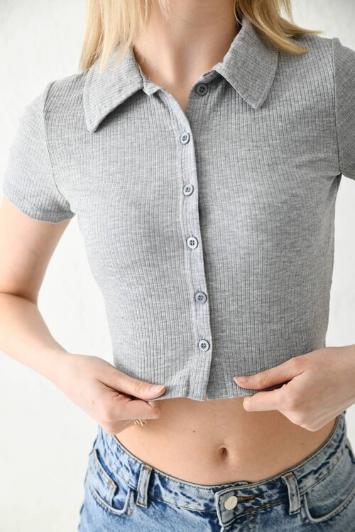 Gray Polo Neck Corduroy Knitted Crop Blouse