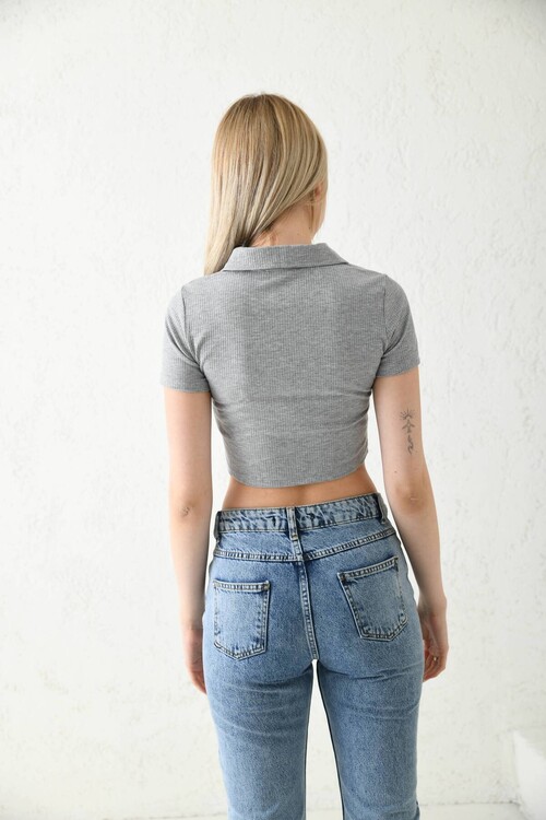 Gray Polo Neck Corduroy Knitted Crop Blouse