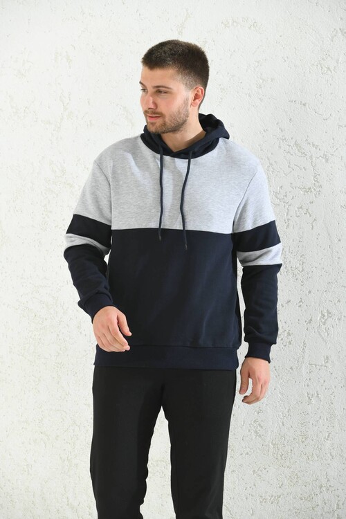 Gray Regular Fit Hooded Long Sleeve Color Block Sweatshirt