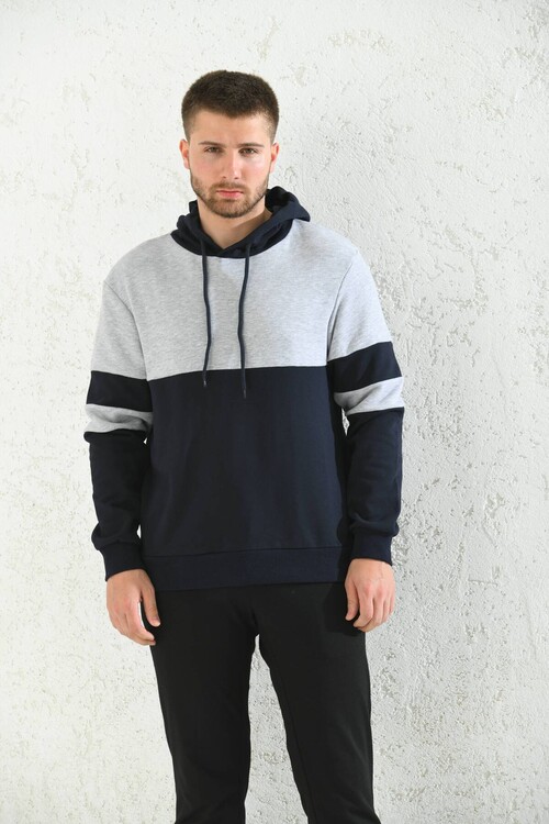 Gray Regular Fit Hooded Long Sleeve Color Block Sweatshirt