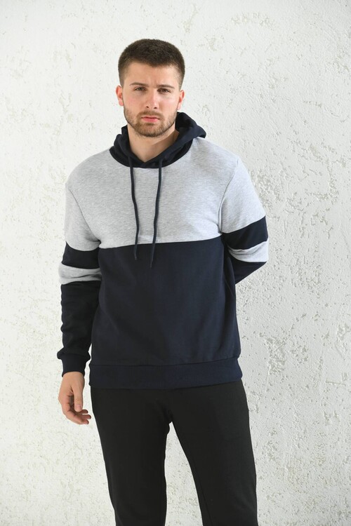 Gray Regular Fit Hooded Long Sleeve Color Block Sweatshirt