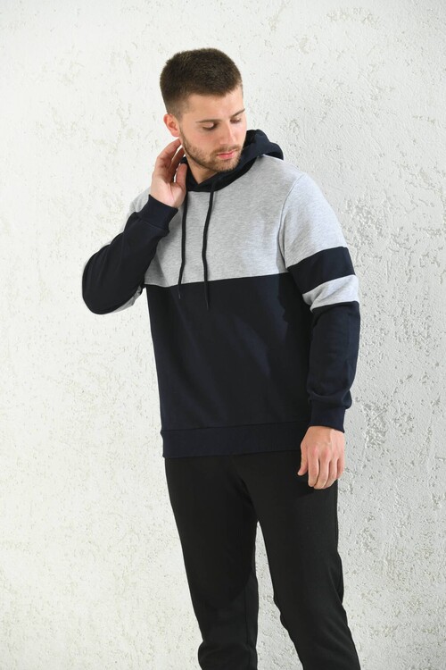 Gray Regular Fit Hooded Long Sleeve Color Block Sweatshirt