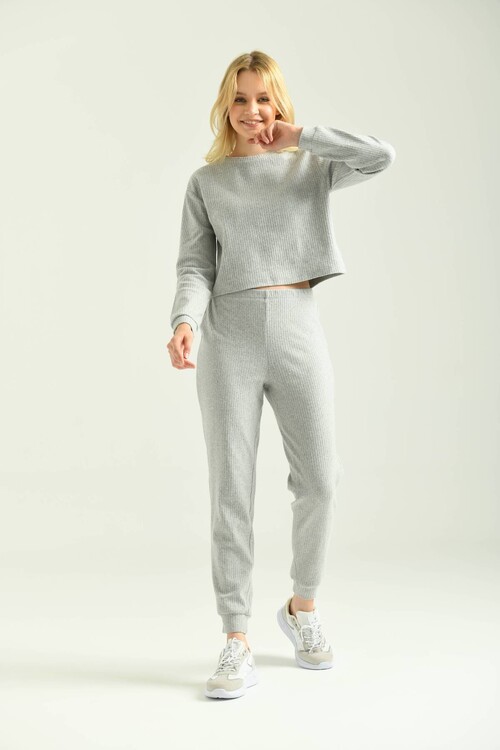 Gray Knitwear Look Knitted Bottom-Top Set