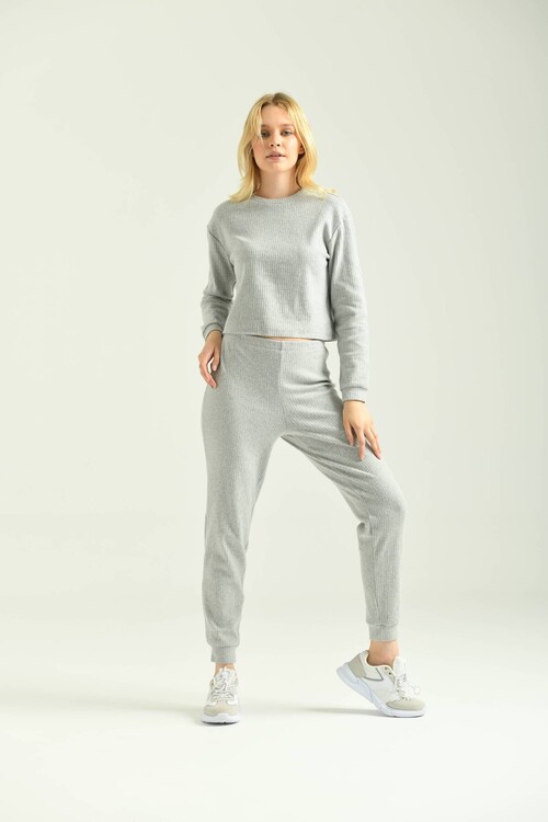 Gray Knitwear Look Knitted Bottom-Top Set