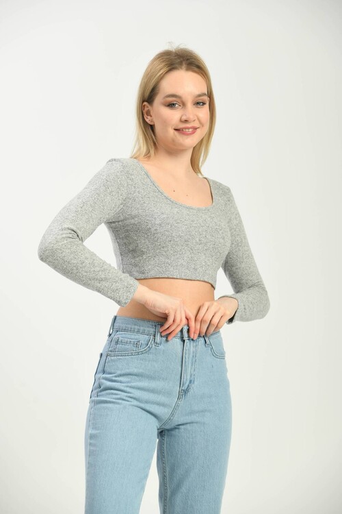 Gray U Neck Long Sleeve Sport Blouse