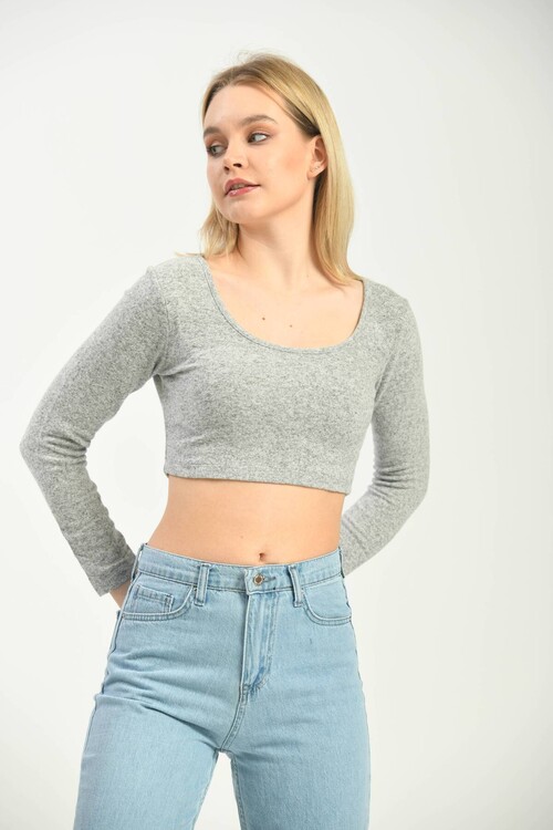 Gray U Neck Long Sleeve Sport Blouse