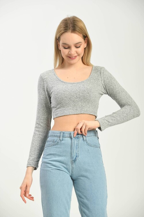 Gray U Neck Long Sleeve Sport Blouse