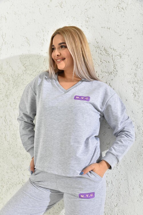 Gray V-Neck Print Detailed Blouse