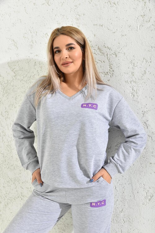 Gray V-Neck Print Detailed Blouse