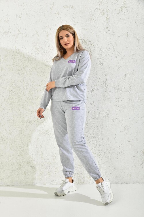 Gray V-Neck Print Detailed Blouse