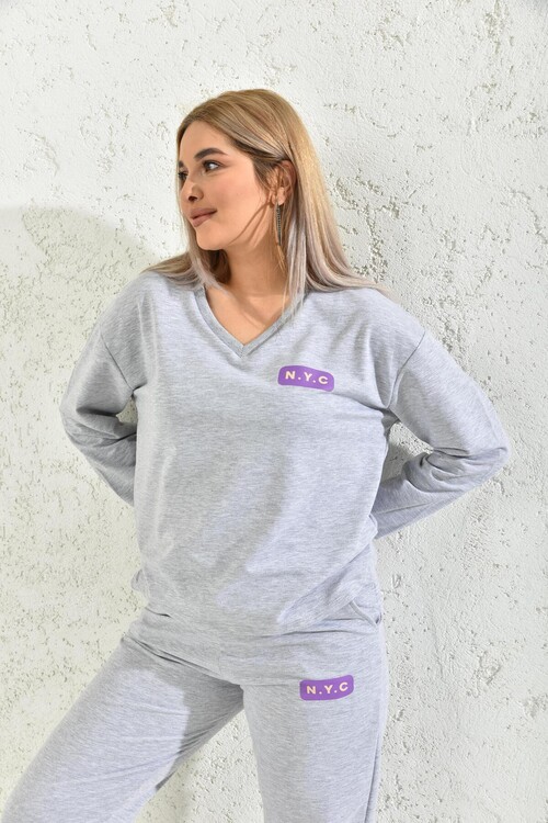 Gray V-Neck Print Detailed Blouse