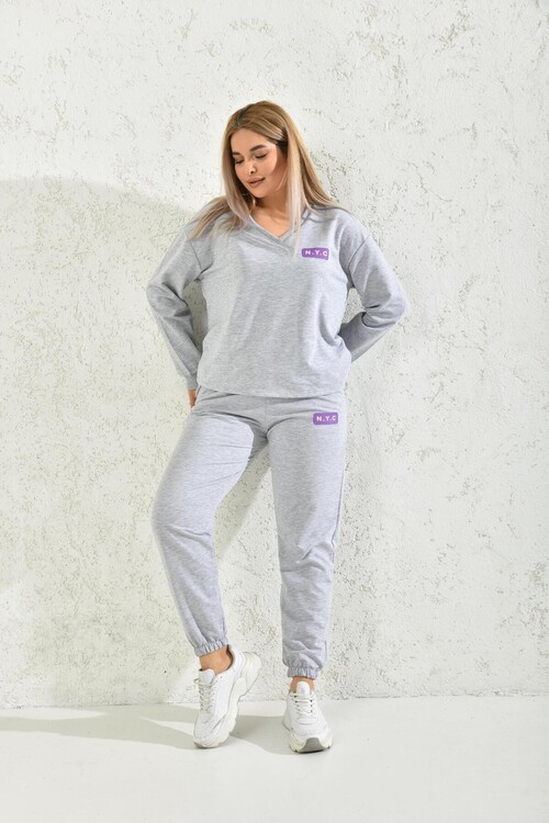 Gray V-Neck Print Detailed Blouse