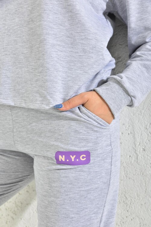 Gray V-Neck Print Detailed Tracksuit Set