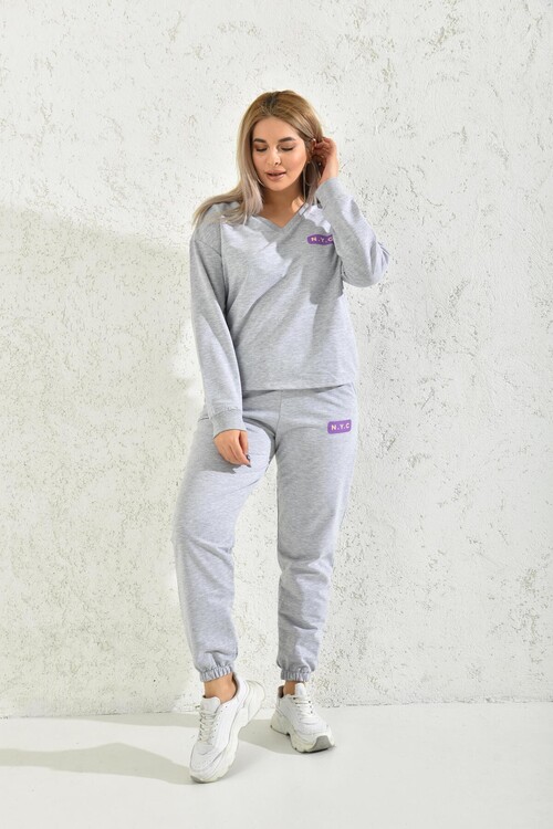 Gray V-Neck Print Detailed Tracksuit Set