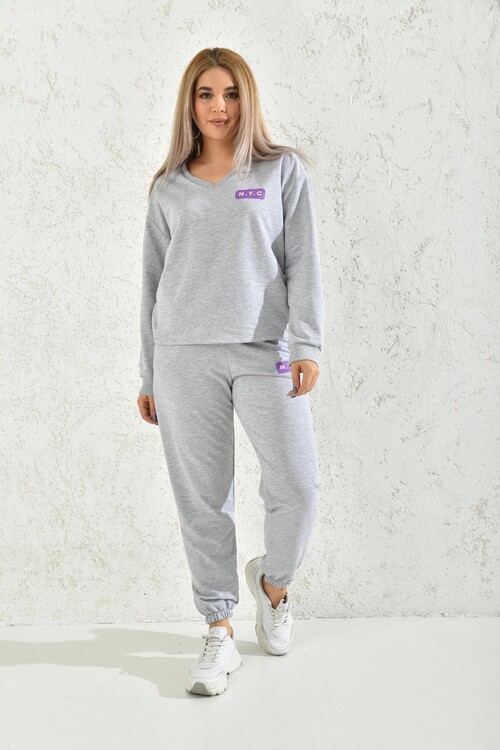Gray V-Neck Print Detailed Tracksuit Set