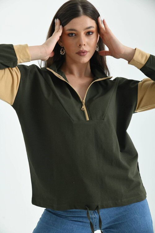 Haki Fermuarlı Basic Örme Renk Bloklu İnce Sweatshirt 