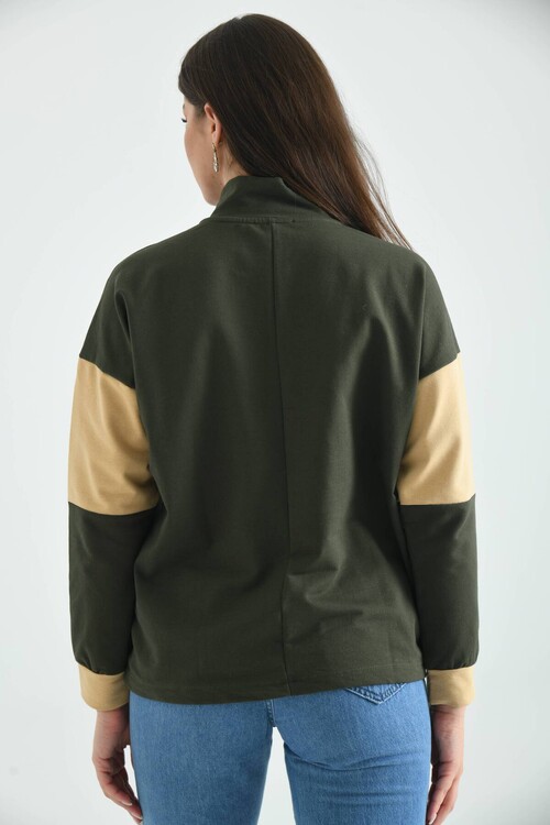 Haki Fermuarlı Basic Örme Renk Bloklu İnce Sweatshirt 