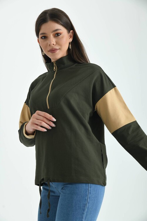 Haki Fermuarlı Basic Örme Renk Bloklu İnce Sweatshirt 