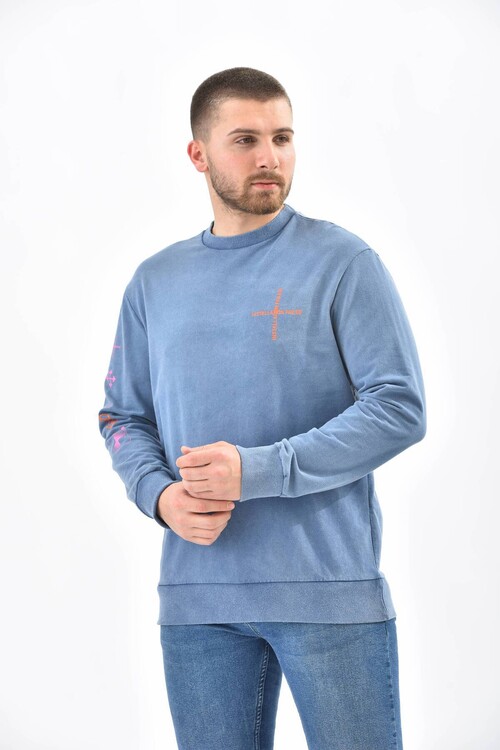 İndigo Kol ve Sırt Baskı Detaylı Sweatshirt
