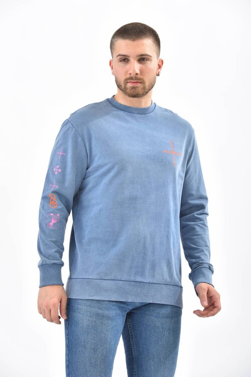 İndigo Kol ve Sırt Baskı Detaylı Sweatshirt