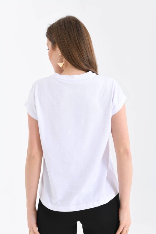 Kadın Beyaz Düşük Kol Pamuklu Örme T-Shirt