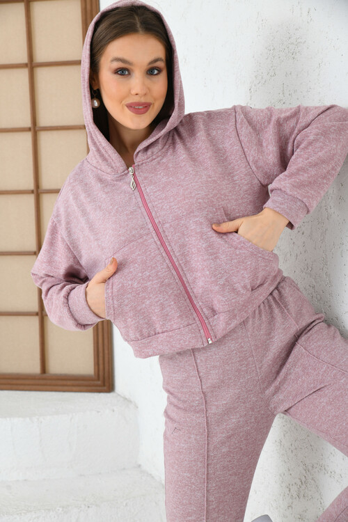Woman Lilac Hooded Waist and Leg Elastic Striped Tracksuit Set
