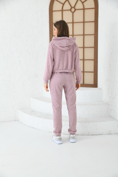 Woman Lilac Hooded Waist and Leg Elastic Striped Tracksuit Set