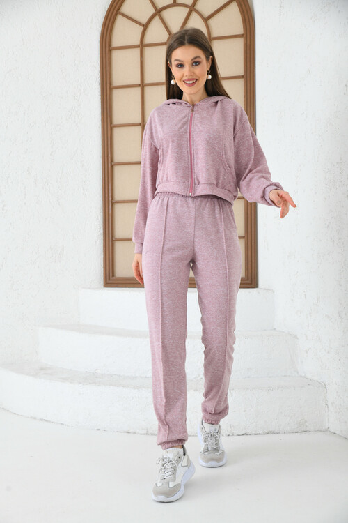 Woman Lilac Hooded Waist and Leg Elastic Striped Tracksuit Set