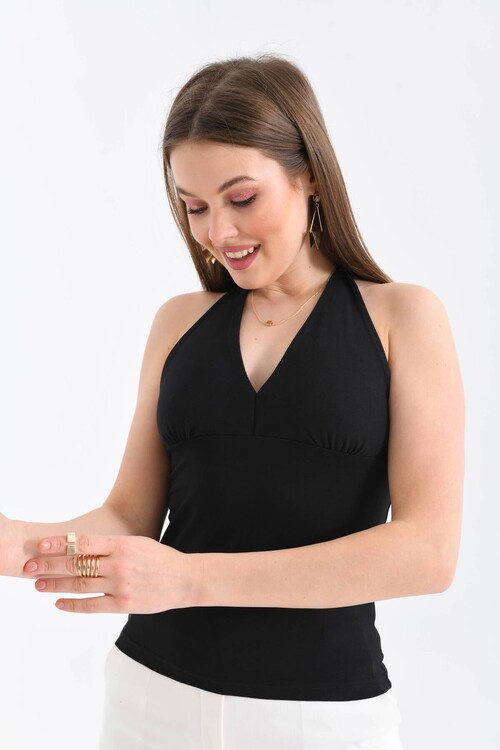 Kadın Siyah Boyundan Bağlamalı V Yaka Vücudu Saran Pamuklu Örme Bluz