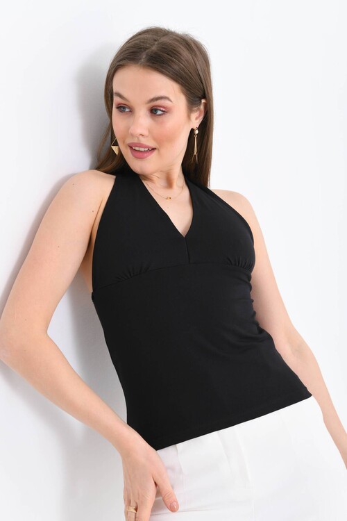 Kadın Siyah Boyundan Bağlamalı V Yaka Vücudu Saran Pamuklu Örme Bluz